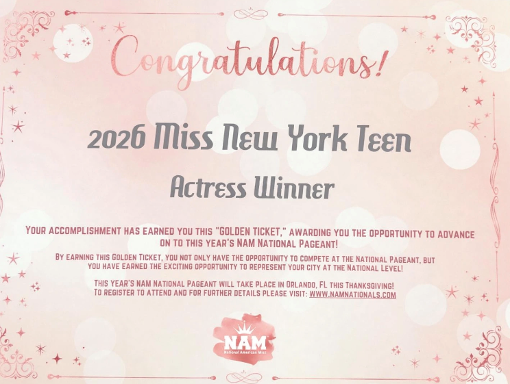 Miss New York Teen certificate