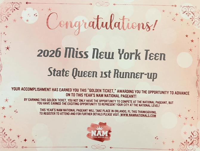 State Queen 1st Runner-up certificate