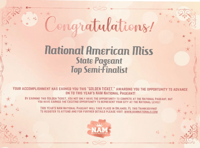 State Pageant Top Semi-Finalist certificate